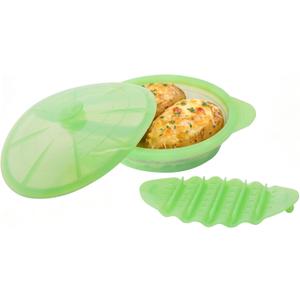 Microwave Steamer Cooker Collapsible Bowl Silicone Cookware Baked Potato with Handle Lid for Vegetables Fish Prep Meal Food with Removable Rack BPA Free Easy to Store Freezer Dishwasher Safe Green