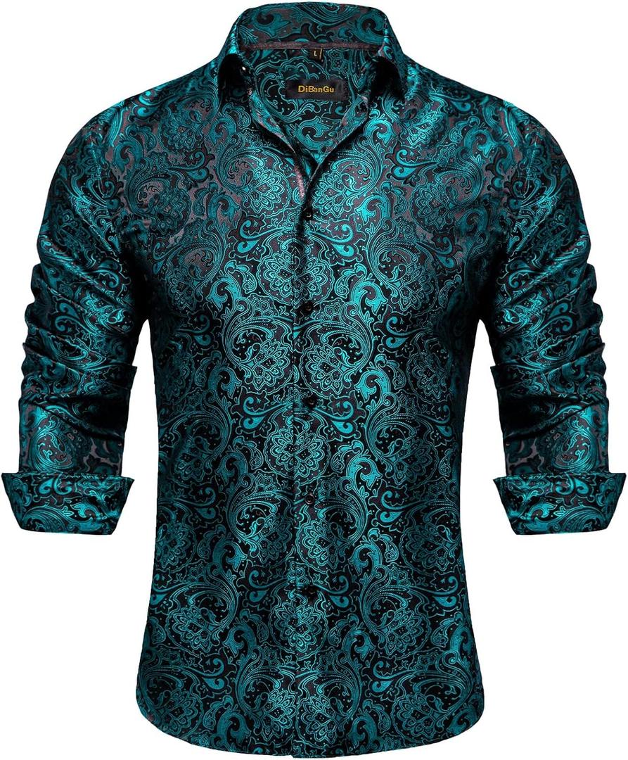 DiBanGu Mens Silk Paisley Dress Shirts,Long Sleeve Button Down Shirt Casual Regular Fit Shirt for Men Wedding Party (Green, XXL)