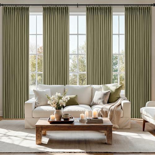 MIULEE Pinch Pleated Thick Linen Curtains 96 Inch 4 Panels Set Back Tab Memory Trained Pinch Pleat Semi Sheer Light Filtering Curtains Let Light in Window Drapes for Living Room Bedroom Olive Green