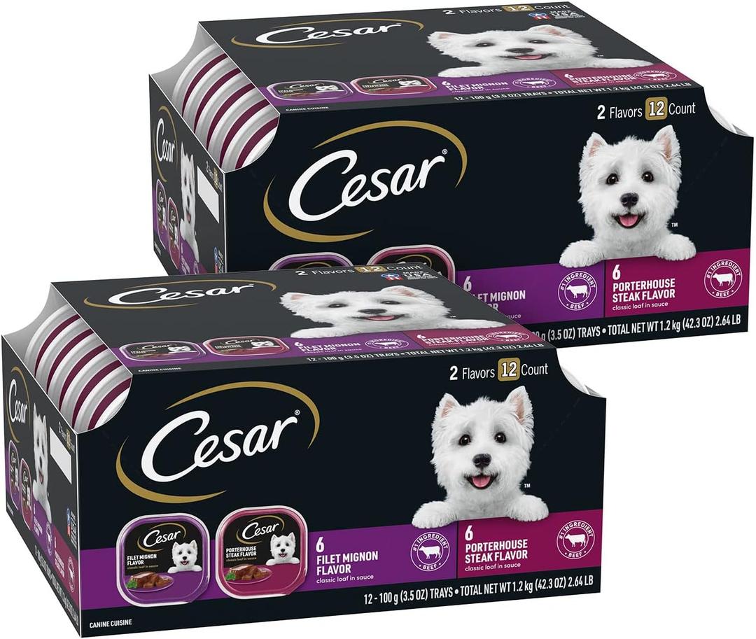 Cesar Wet Dog Food Classic Loaf in Sauce Filet Mignon and Porterhouse Steak Flavors Variety Pack, 3.5 oz. Easy Peel Trays (12 Count, Pack of 2), Best Before 03/22/2027