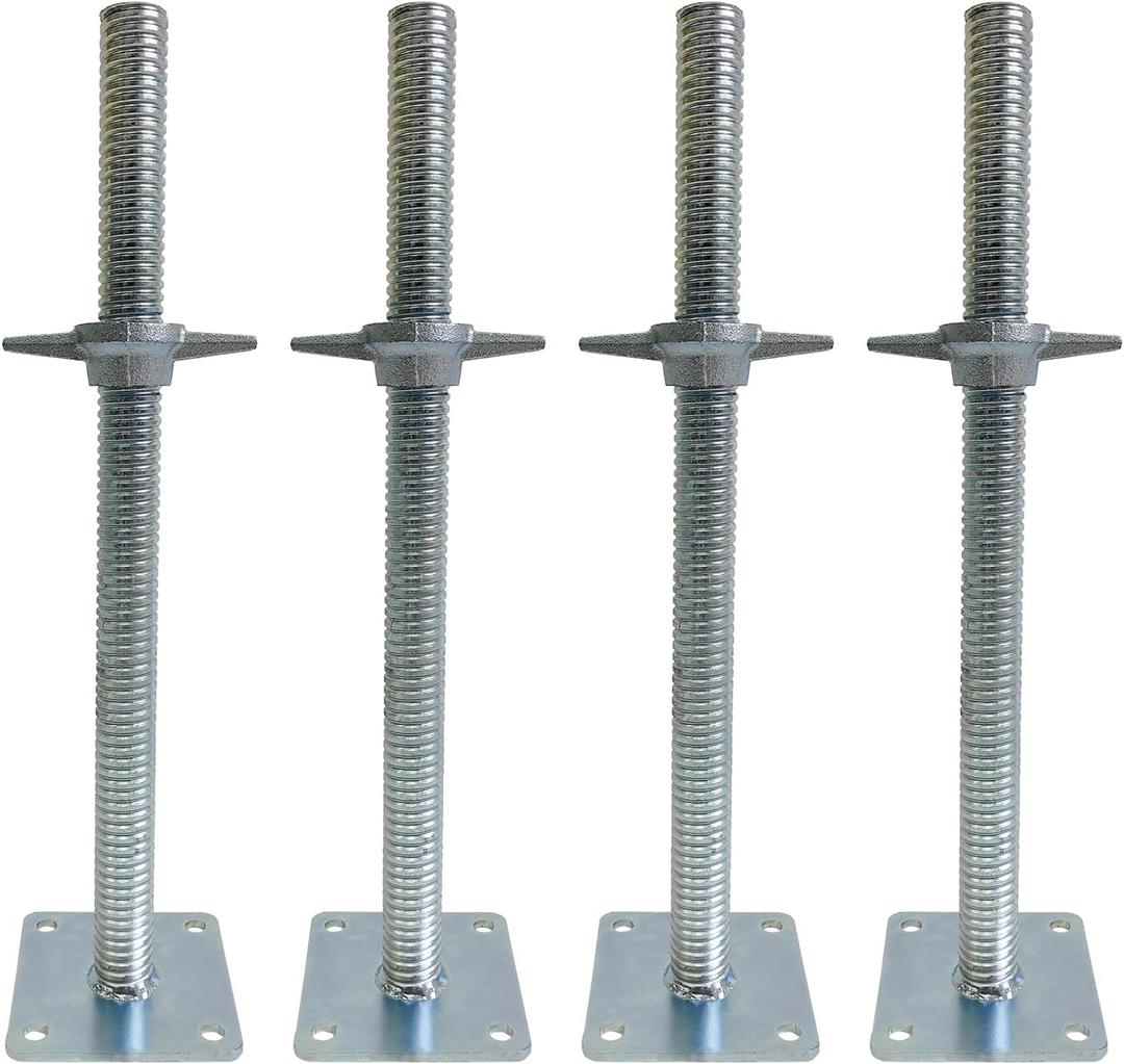 4 Pack Adjustable Leveling Jacks Feet Screw Jacks Hollow with Base Plate for Baker-Style Scaffolding Equipment, Silver