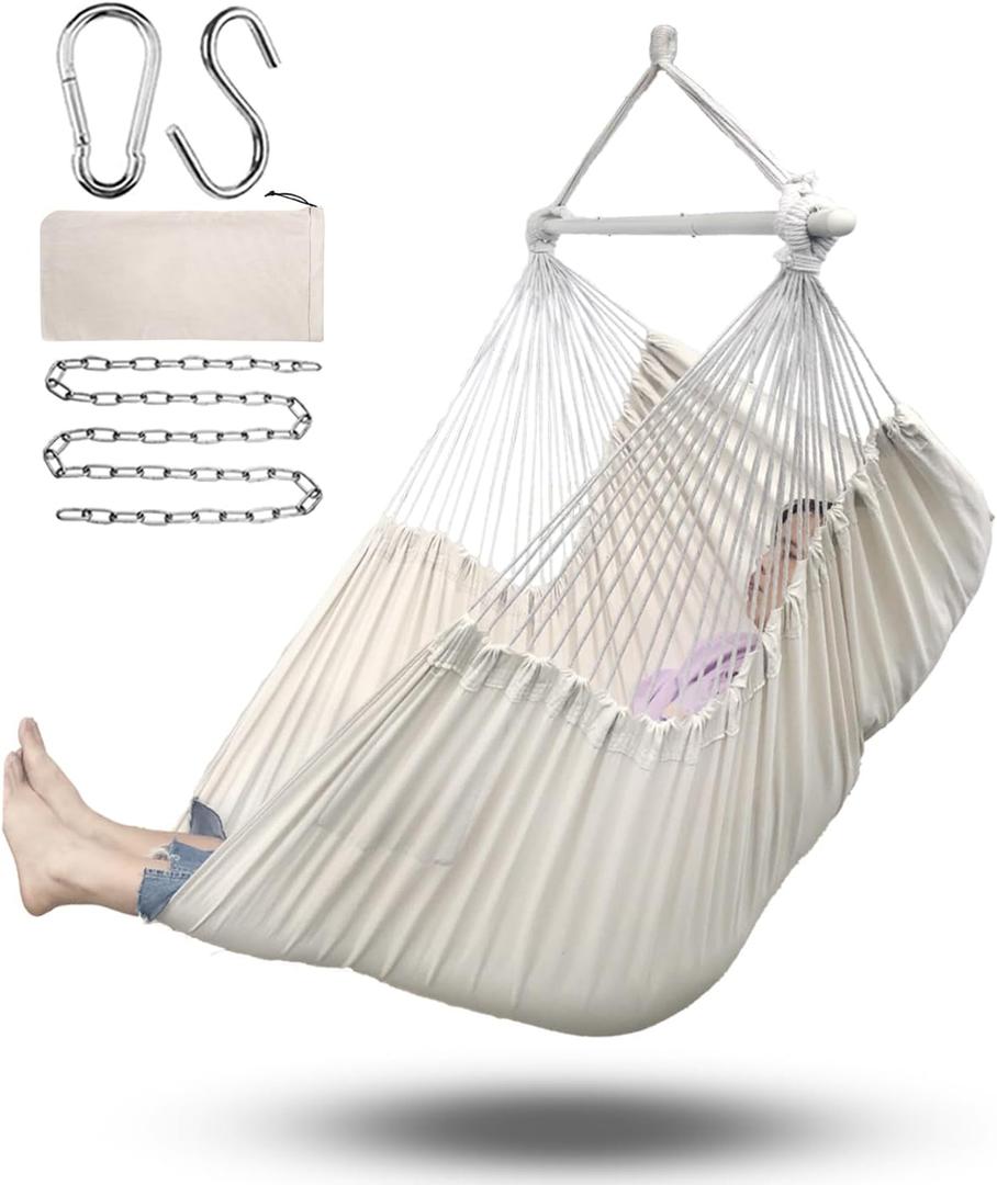 ADVOKAIR Hammock Chair Large 70.9"x47.2", 32% Bigger XXL Hanging Swing Chair with 500lbs Capacity, Heavy Duty Steel Spreader Bar, Extra Roomy Comfort for Adult Indoor Outdoor Bedroom Patio (Beige)