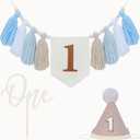 1st Birthday Decorations Boy, High Chair Banner First Birthday Decorations Boho Wood Bead Tassel, Baby 1st Party Hat with One Cake Topper (Brown)