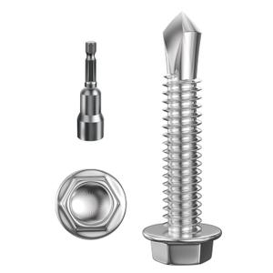 Wensilon (200Pcs)#101-1/4" Hex Washer Head Self Drilling Screws, 410 Stainless Steel Metal SheetScrewsTEK Screws, Sheet Metal Self Tapping Screws (Silver)