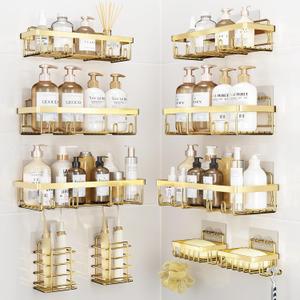 10 Pack Shower Caddy Organizer Rack Shelf for Inside Shower, Self Adhesive Wall Storage Basket Rustproof Stainless Steel Shampoo Holder Bathroom Accessory Decor Set, Gold