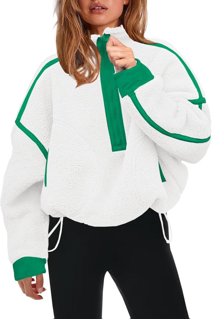 Panadila Womens Half Zip Sherpa Fleece Pullover Soft Oversized Sweatshirt with Pockets Warm Fuzzy Sweater (X-Small, White Green Combo)