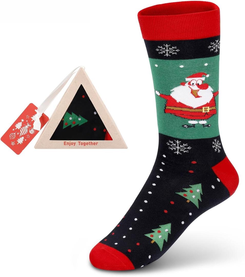 Christmas Socks Cute Cotton Holiday Vrew Socks Funky Mid Calf Socks with Exquisite Triangular Gift Box
