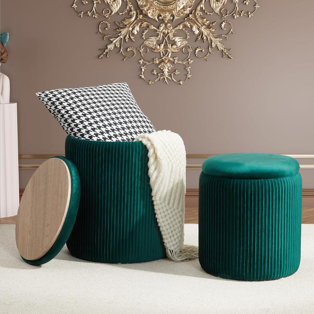 Royal Windsor Round Ottoman with Storage Set of 2,Vanity Stool with Storage for Bedroom, Ottoman Coffee Table, Small Velvet Foot Stool for Living Room, Green, 14.8"D x 14.8"W x 17.3"H