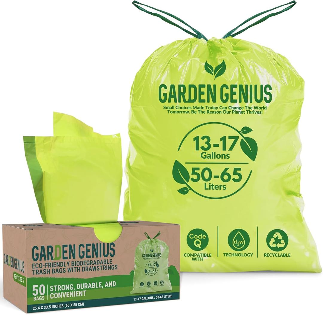 Biodegradable 13-17 Gallon Code-Q Trash Bags (50 Pack) | Strong Heavy-Duty Tall Green Kitchen Bags w/Drawstring | Fits Simplehuman & Standard Cans | Eco-Friendly D2W, 30 Micron Thick | 25.6" x 33.5"