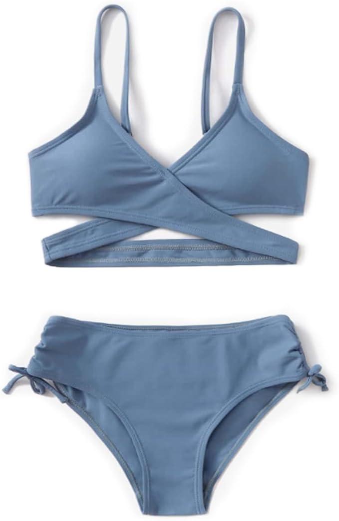 MIENOE Teen Girls' Swimsuits Two-Piece V-Neck Bikini Adjustable Shoulder Straps Swimsuit Kids Bikini with Chest Pad (14-16 Years, Grey Blue - Cross Style)