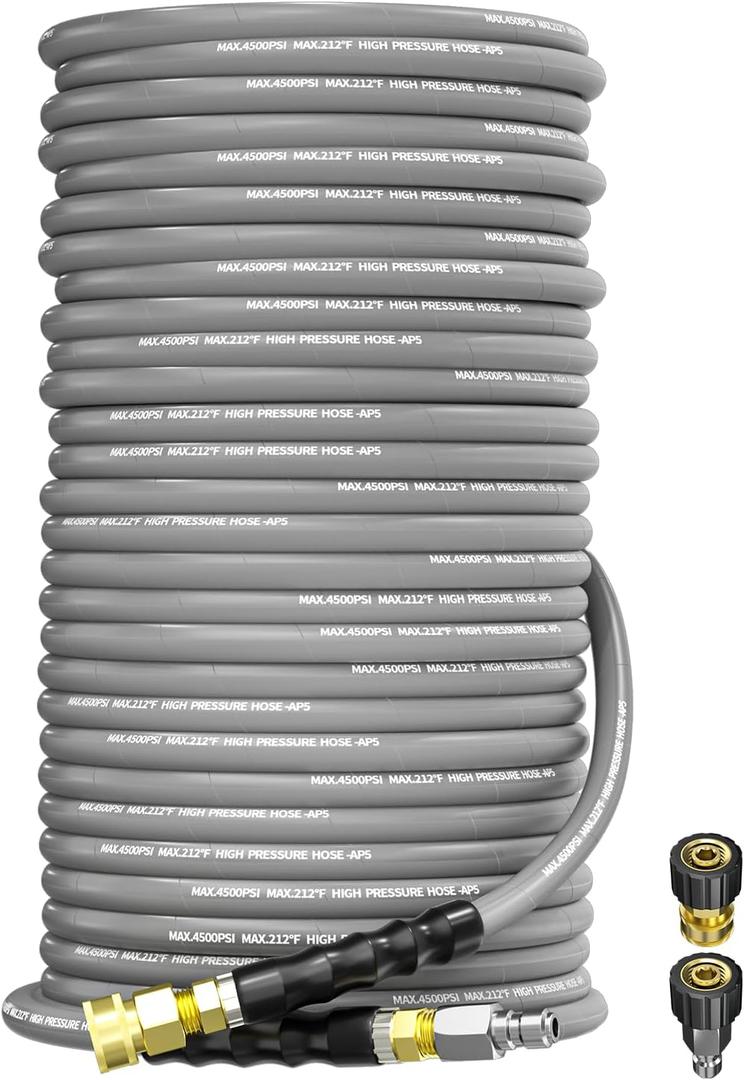 Pressure Washer Hose 200FT 3/8" for Cold and Hot Water 212F, with Swivel Quick Connect, 4500PSI Kink Resistant Grade Steel Wire Braided, Power Washer Hose With 2pcs M22-14mm Adapter (Gray)