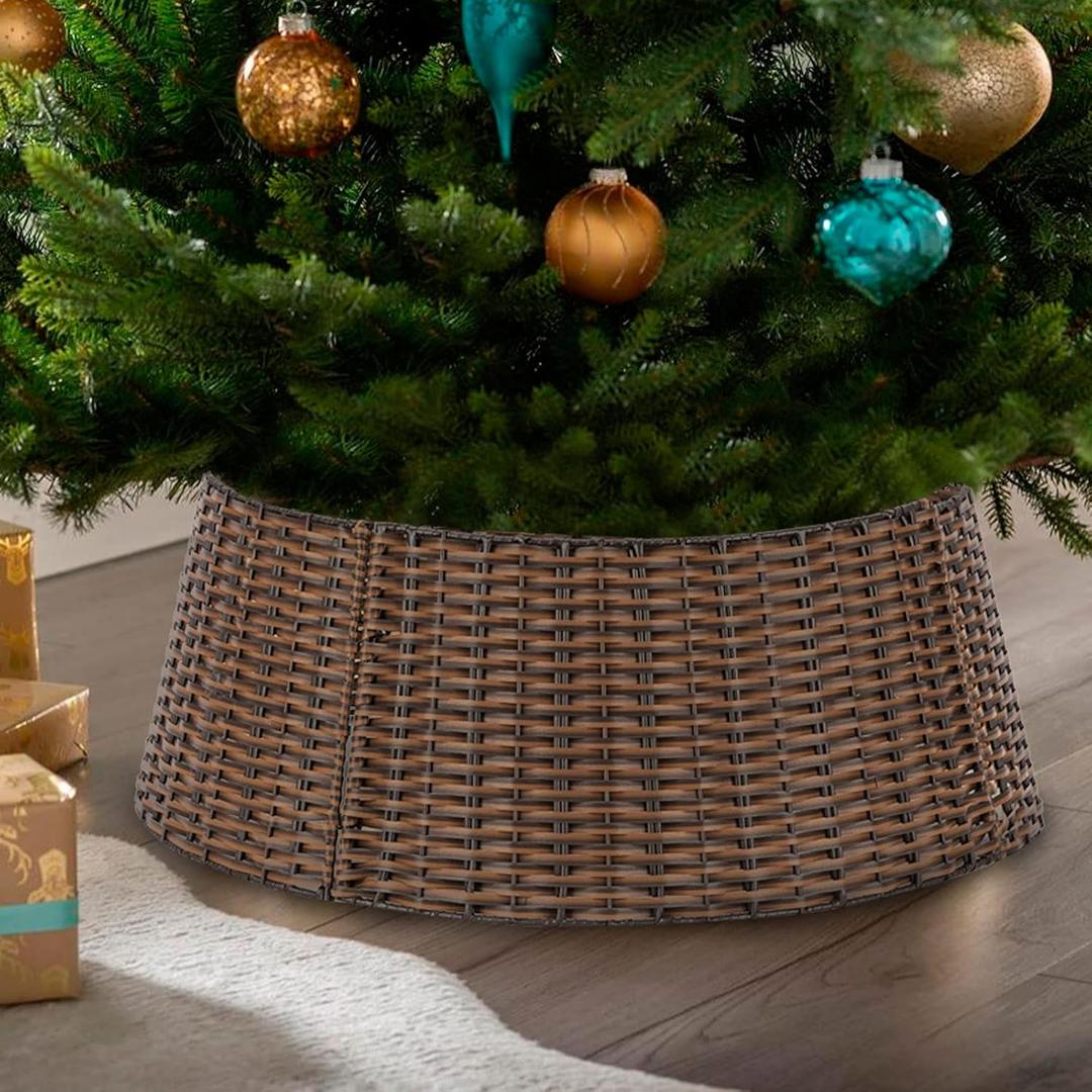 SUNNYPARK Christmas Tree Collar, 23'' D Handmade Artificial Rattan Wicker Christmas Stand Tree Collar Basket Base Cover for Holiday Decoration-Round Brown