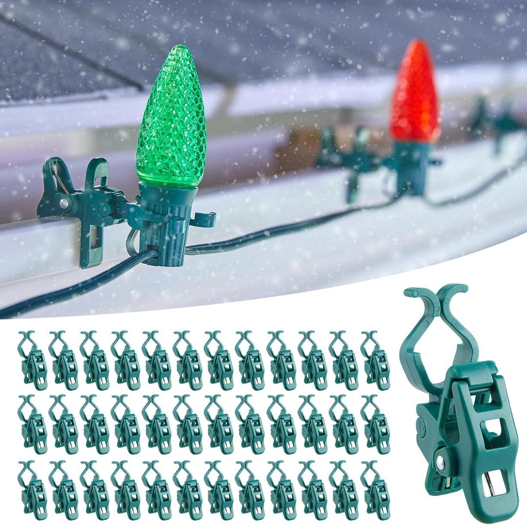Minetom Christmas Light Clips Outdoor C7 C9, 50 Count Universal Quick Christmas Light Spring Clips for Outside Roof Gutter Shingle Fence E12 E17 Base (Green)