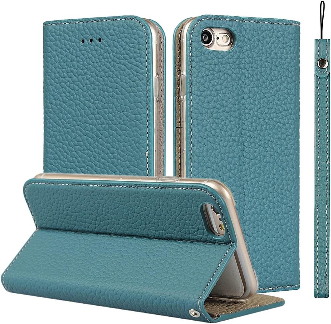 iCoverCase Genuine Leather Wallet Case for iPhone SE(2022)/SE(2020)/7/8 with Wrist Strap, Card Holder, Magnetic Closure, Kickstand (Light Blue)