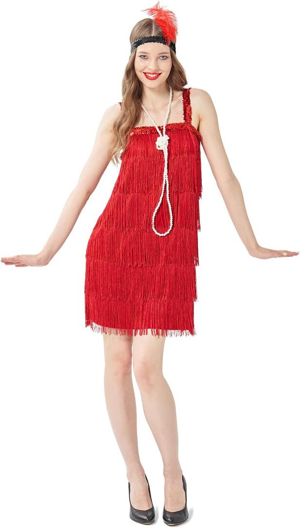 Wizland 1920s Tassel Flapper Dress Cocktail Party Roaring 20s Great Gatsby Ballroom Dress With A Headband,A Necklace (2XL(14-16), Red)