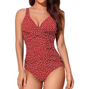 Smismivo Tummy Control Swimsuits for Women Slimming One Piece Bathing Suit Retro Ruched Push Up Vintage Padded Swimwear Large, Red Dot
