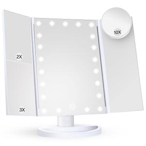 HUONUL Makeup Mirror Vanity with Lights, 2X 3X 10X Magnification, Touch Control, Trifold Mirror, Dual Power Supply, Women Gift(White)