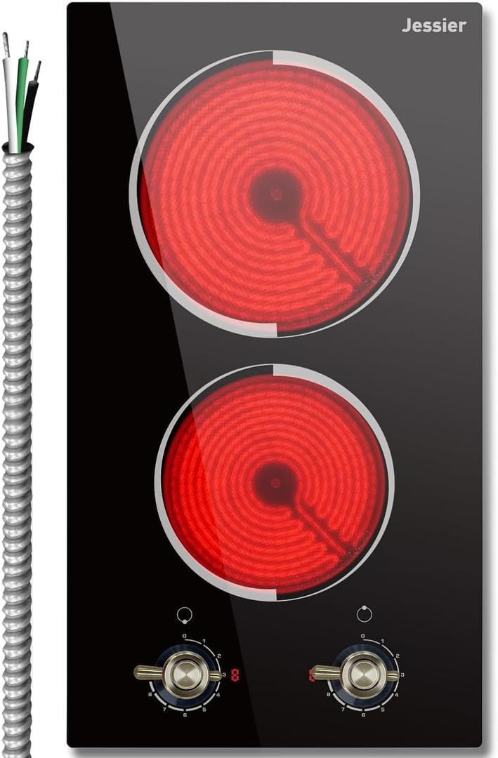 2 Burner Electric Cooktop - Built-in 3000W Two Burner Electric Stove, 220V Ceramic Cook Top with 9 Power Heating Levels, Knob Control, 220V - 240V Hard Wired (No Plug)