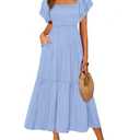 MASCOMODA Womens Summer Casual Midi Dress Square Neck Ruffle Short Sleeve Smocked High Waist A Line Wedding Guest Dresses(Light Blue,Small)