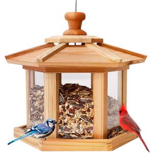 Solution4Patio Bird Feeder for Outdoors - USA Cedar Hexagon Gazebo Bird Feeders with Vented Mesh Tray, Easy-Clean & Fill Design 9.6" Dia. X 8.7" H 3.2-lb Capacity