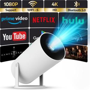Upgraded Projector with WiFI 6 and Bluetooth Mini Portable Smart Video Theater 4K HD 1080P Outdoor Screen Movie Home TV Android Monitor PC Games 180 Rotatable Compatible for Laptop Tablet Computer