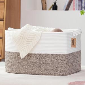 COMFY-HOMI Large Laundry for Organizing|Rectangle Cotton Rope Storage with Handles|Blanket for Living Room|Woven Laundry for Towels, Toys, Clothes-22x15x12-White/Brown