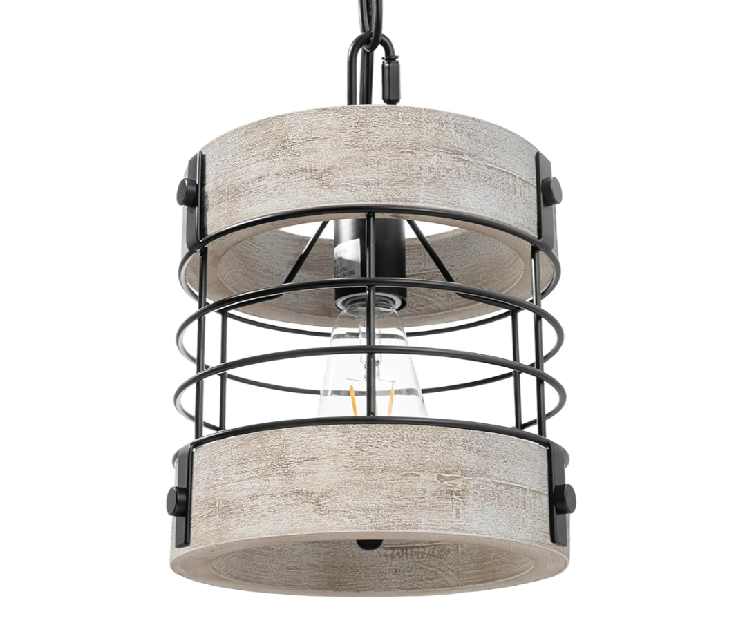 Rustic Farmhouse Chandelier,7.9" Wood Pendant Light Fixtures,Rustic Pendant Ligh,1- Light Farmhouse Pendant Lights for Dining Room, Kitchen Island, Office, Bedroom,D 7.9" x H 8.7" (White)