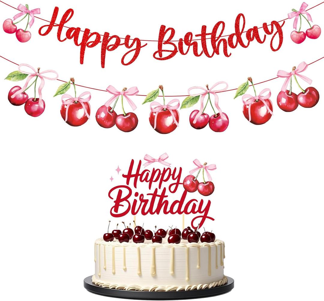 2 x Cherry Birthday Party Decorations - Cherry Themed Banners Decoration Pink Bow Fruit Cake Topper Decor Supplies for Girls Women
