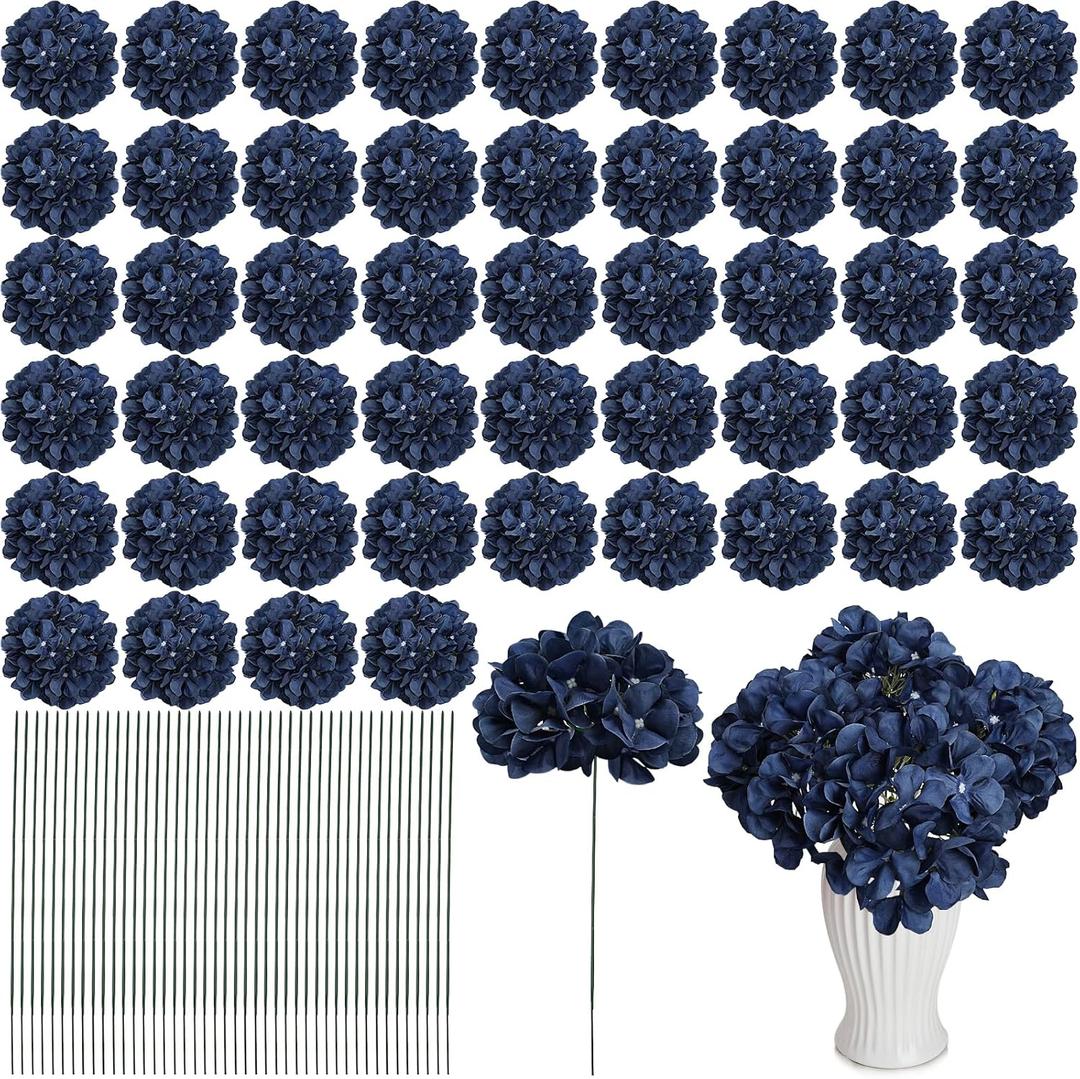 104 Pcs Hydrangea Artificial Flowers, Navy Blue Faux Hydrangea Flowers with Stems for Wedding Arch, Fake Silk Hydrangeas for Table Centerpieces Baby Shower Home Party Decoration