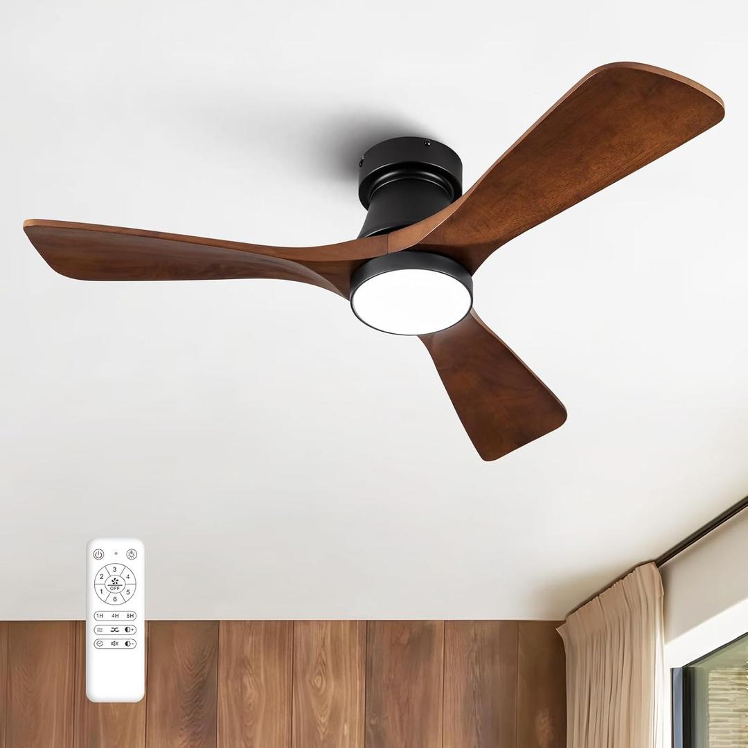 42-Inch Ceiling Fan with Lights, Remote Control, Flush Mount, Dimmable, Reversible, Wood Blades, Power-Off Memory, Quiet DC Motor  Modern Hugger Ceiling Fan for Living Room, Bedroom, Patio (Black Walnut)