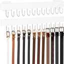 Belt Hanger Wall Mount, Adhesive Wooden Closet Belt Organizer with 24 Metal Hooks, Large Capacity, 2 Installation Options, White, 2 Pcs