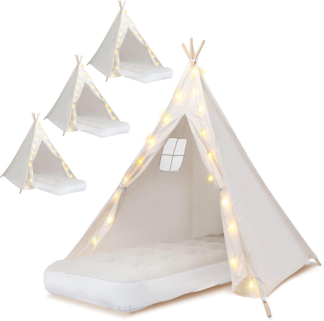 4 Pack Teepee Tent for Kids [Thickened] with Light String and Inflatable Airbed, Slumber Party Tents, Sleepover Tents Party for Girls Boys Indoor Outdoor (White)
