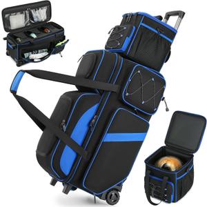 4 Ball Bowling Bag with Wheels, 3 Ball Bowling Bags Roller with 1 Ball Add On Bag, Multi-Pockets & Shoe Compartment (Fits Up to Size 16) (Blue)