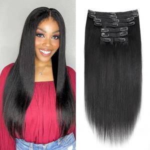 Yaki-Straight Clip in Hair Extensions Real Human Hair Yaki Clip ins For Women Clip on Hair Extensions Real Human Hair Brazilian Virgin Hair Extensions(16 Inch)