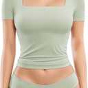 MANGOPOP Women's Square Neck Top Double Lined Short Sleeve Long Sleeve T Shirt Fitted Seamless Tee M