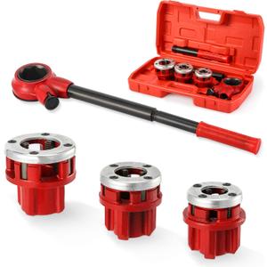 Pipe Threader Ratchet Kit， Manual Ratcheting Pipe Threading Tool Set with 3 NPT Dies 1/2" NPT, 3/4" NPT, 1" NPT,Portable Cast Iron Pipe Threading Set for Galvanized Aluminum Iron Copper PVC Pipes