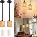 Pendant Light Boho Hanging Lamp - Rattan & Linen 2-in-1 Shade, Adjustable Hanging Lights Fixture for Kitchen Island, Dining Room, Farmhouse, Bedroom (2 Pack)