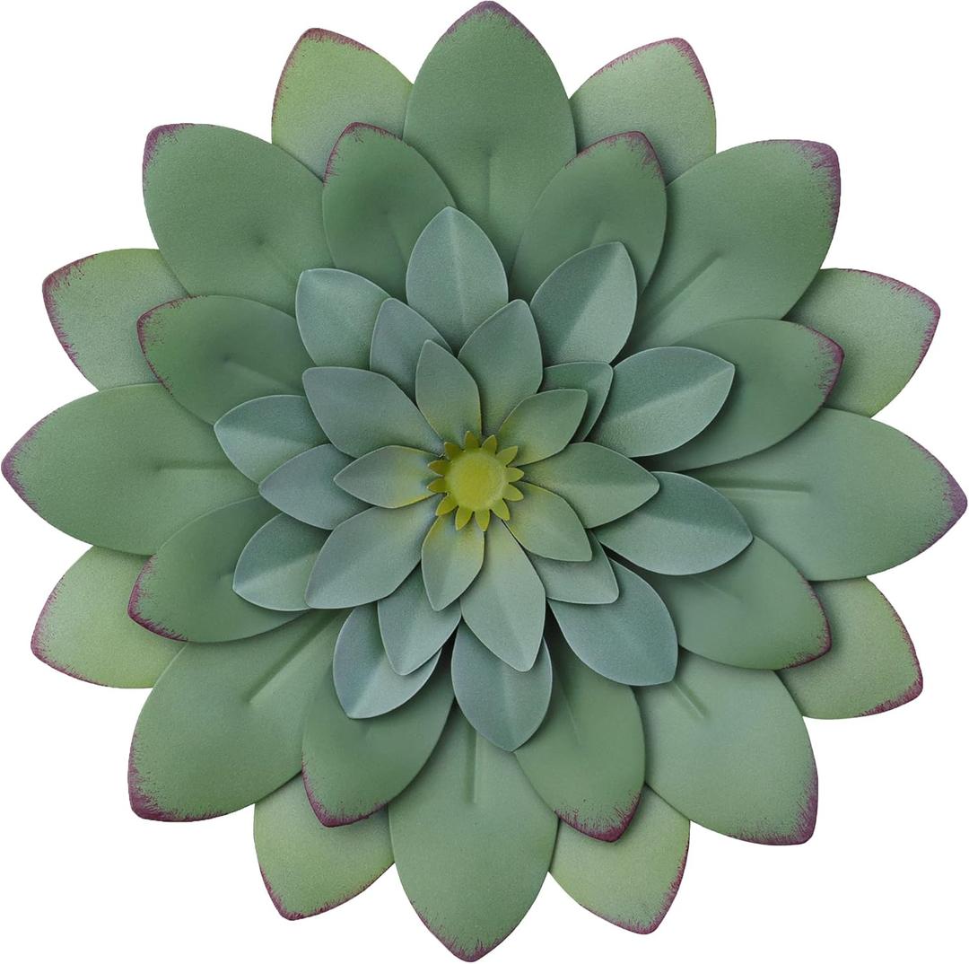 Everydecor Succulent Metal Flowers Wall Decor – Green, Hand Painted, 3D Flower Art Decoration for Living Room, Bedroom, Kitchen, Bathroom - Floral Decor for Indoor & Outdoor Use