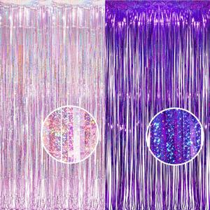 BRAVESHINE Party Decoration Foil Fringe Backdrops - 3.2 ft x 8.2 ft Metallic Tinsel Photo Booth Pros Streamer Curtains for Birthdays Christmas Bridal Bachelorette Party Decorations - 1 Purple 1 Pink
