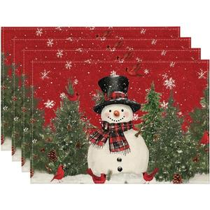 Artoid Mode Snowman Cardinals Trees Christmas Placemats for Dining Table, 12 x 18 Inch Seasonal Winter Birds Xmas Holiday Rustic Vintage Thanksgiving Washable Table Mats Set of 4 (Red)
