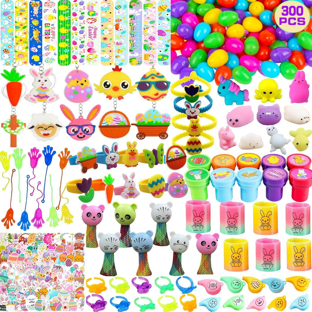 GDWDGJ 300pcs Easter Eggs with Toys Inside Bulk Filled Easter Egg Fillers 100 Pack Non Candy Stuffed Easters Basket Stuffers Essentials for Kids Girls Toddlers Boys Easters Egg Hunt Party Favors