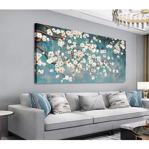 Shoci Flowers Tree Wall Art - Large Cream White Floral Brown Branch Canvas Pictures for Living Room Rustic Teal Painting Prints Decor Retro Botanical Artwork Wall Art for Bedroom Decoration 24" X 48" (Turquoise)