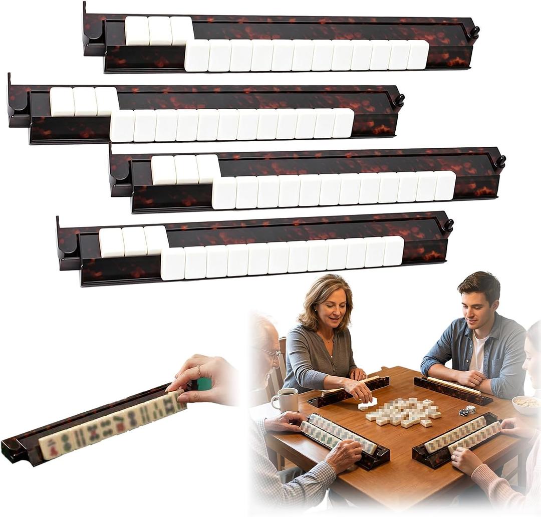 Tortoise Shell Mahjong Racks with Pushers, 17.5 Inch Extended Acrylic Majiang Tile Holder Set of 4, Non-Slip American Style Tabletop Accessories for Daily Tile Building