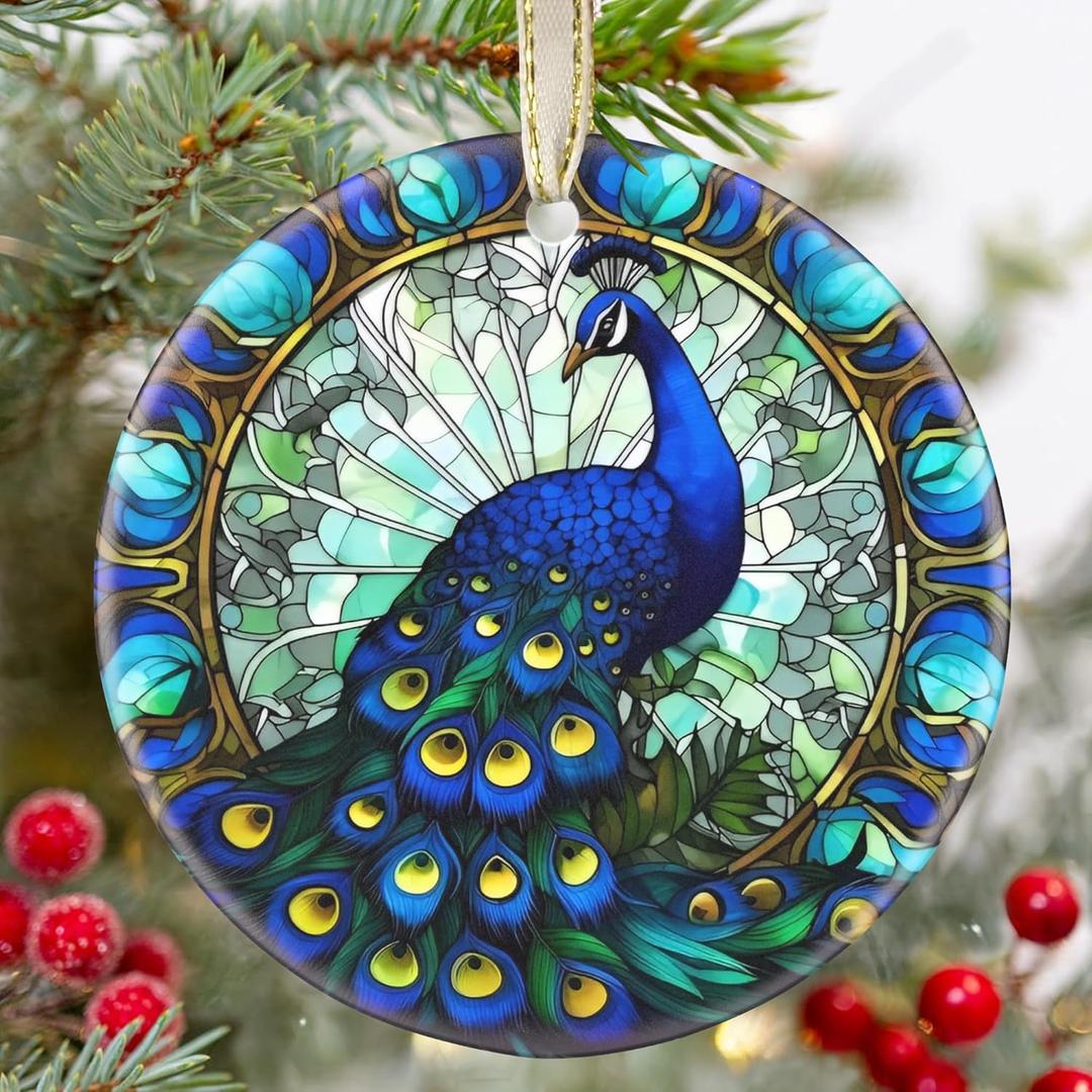 Ceramic Peacock Ornament - Round Hanging Decor for Christmas Tree - Gifts for Peacock Lovers