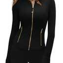 SUUKSESS Women Golden Full Zip Up Workout Cropped Jackets Lightweight Slim Fit Athletic Yoga Tops with Thumb Holes (Black, M)