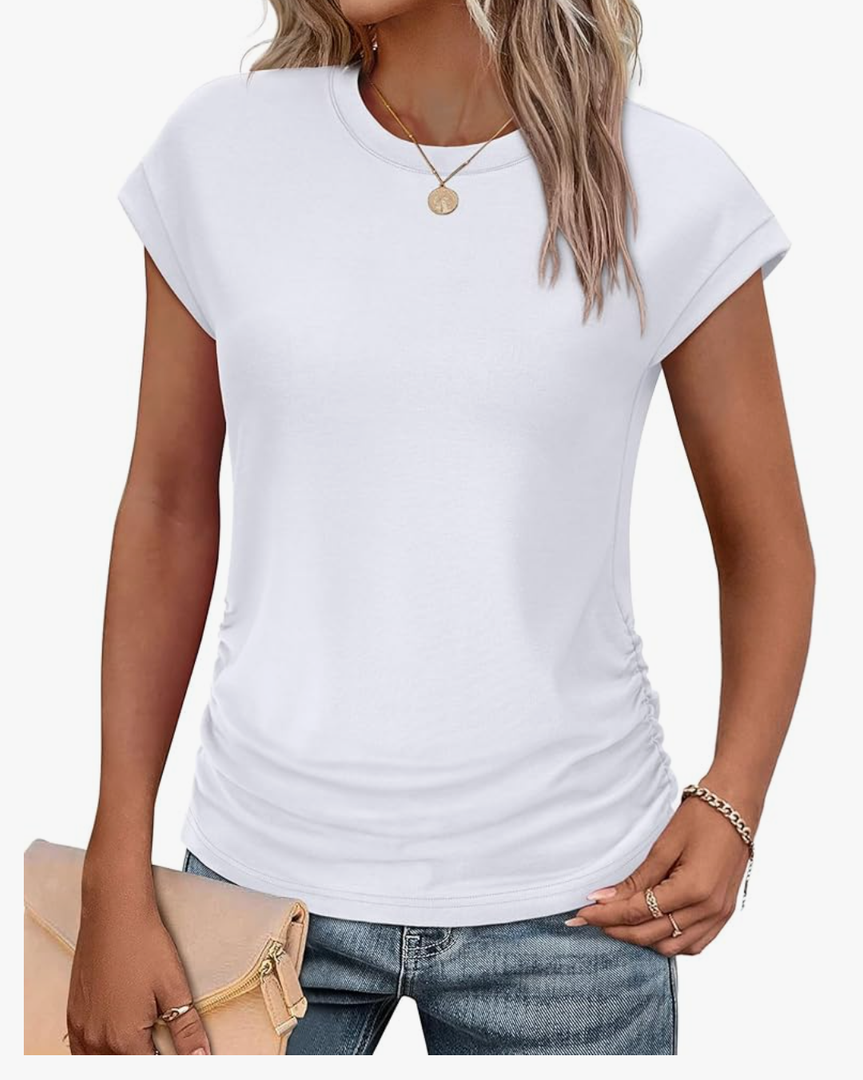 SAMPEEL Womens Summer Tops Trendy 2025 Ruched Cap Short Sleeve Tshirts Shirts Crew Neck T Shirts Fashion, Size L