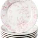 Honeydak 6 Pcs 6 Inch Pink Floral Flower Ceramic Plates Pink and White Porcelain Salad Serving Plate Vintage Dinner Appetizer Dessert Dishes Tableware for Wedding Birthday Tea Party Table Supplies