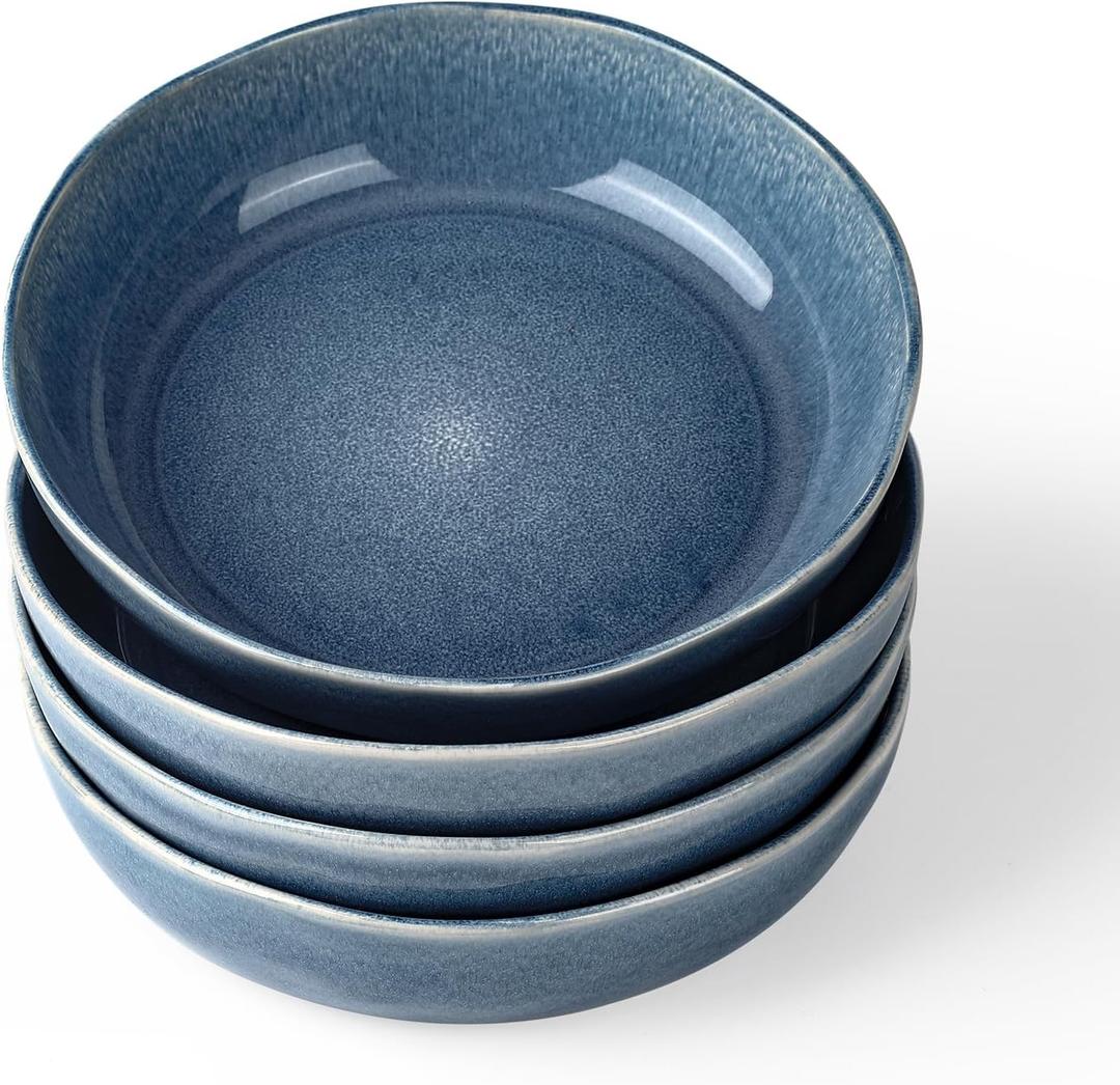 famiware Aurora 8.75" Pasta Bowls, 32 oz Large Bowls for Kitchen, Salad, Soup, Irregular Stoneware Pasta Plates, Microwave&Dishwasher Safe, Reactive Glaze, Scractch-resistant, Lagoon Blue