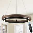 LED Ring Chandelier Dimmable Black Chandelier Round Foyer Chandeliers Light Walnut Wood Black Circular Chandeliers for Dining Room Entry Bedroom Office Living Room, 24in