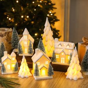 Newtay 12 Pcs Lighted Ceramic White Christmas Village Houses Set Including 4 Ceramic Christmas Village Houses 3 Porcelain Tree and 5 Sisal Tree for Home Decoration, Winter Holiday DIY, Gift